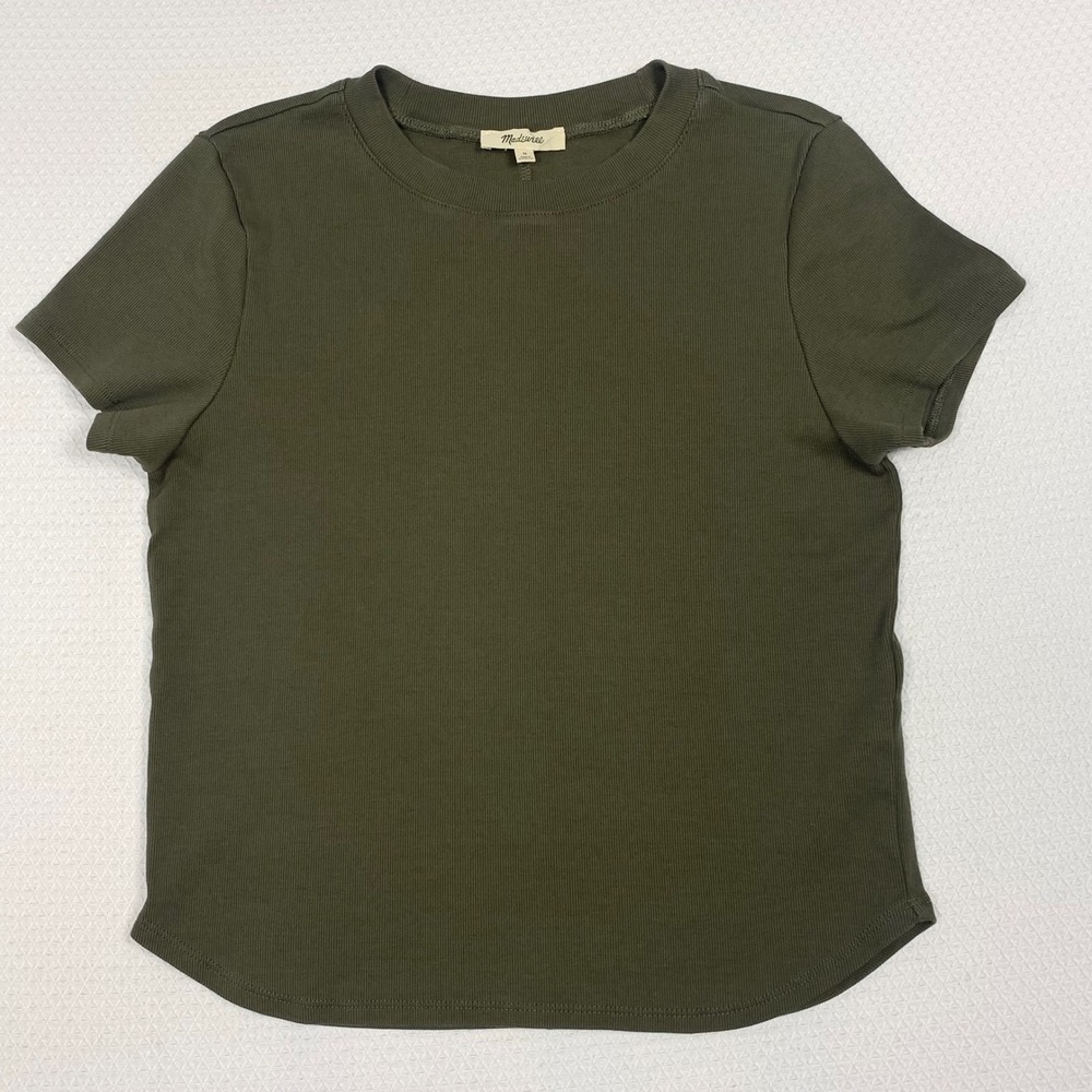 Madewell Womens M Olive Green Ribbed Supima Cotton Crewneck Tee Shirt NS522